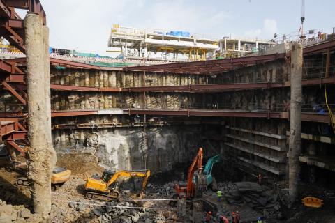 TBM Launching Shaft excavation with temporary supports erection in progress-2